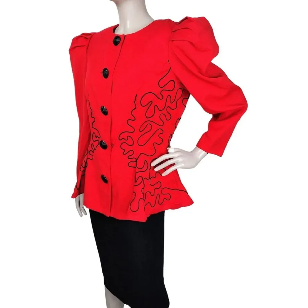 VTG 80s Does 40s Leslie Lucks Soutache High Shoulder Puff Sleeve Peplum Blazer